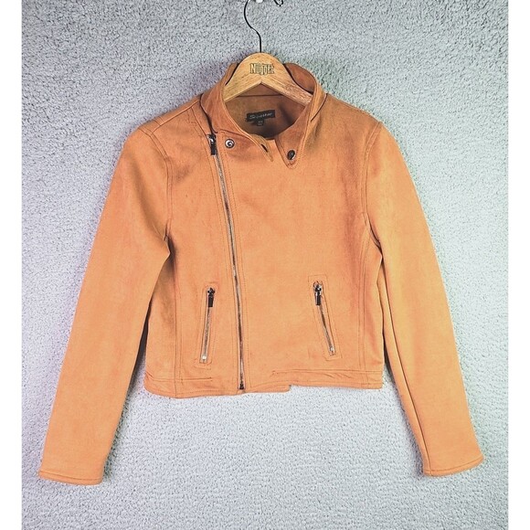 Shinestar Moto Faux Suede Jacket Medium Camel Tan Stretch Cropped Trend Y2K - Picture 1 of 12